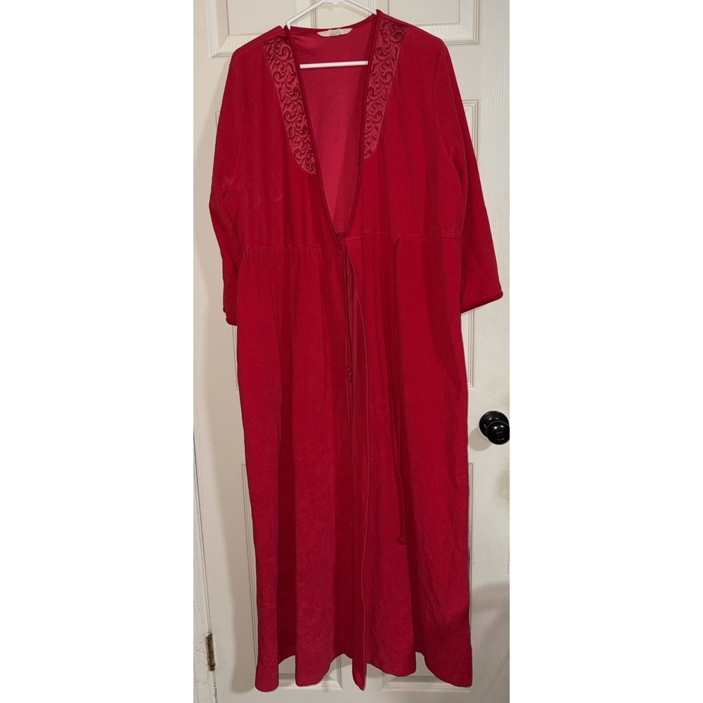 Vintage 80s VANITY FAIR Fleece Velour Red Housecoat Robe Size L Tie Front Pocket